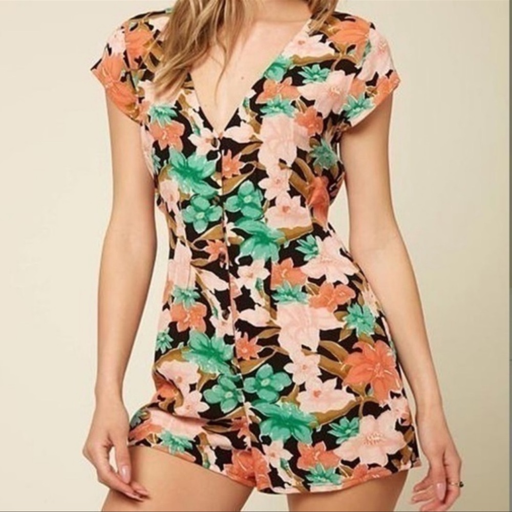 O'Neill Black Floral Short Romper with Green and Coral Accents
